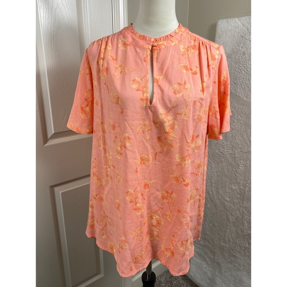 Ava & Viv Women's Size X Peach Floral Keyhole Blouse Short‎ Sleeve Boho Casual - Picture 1 of 6